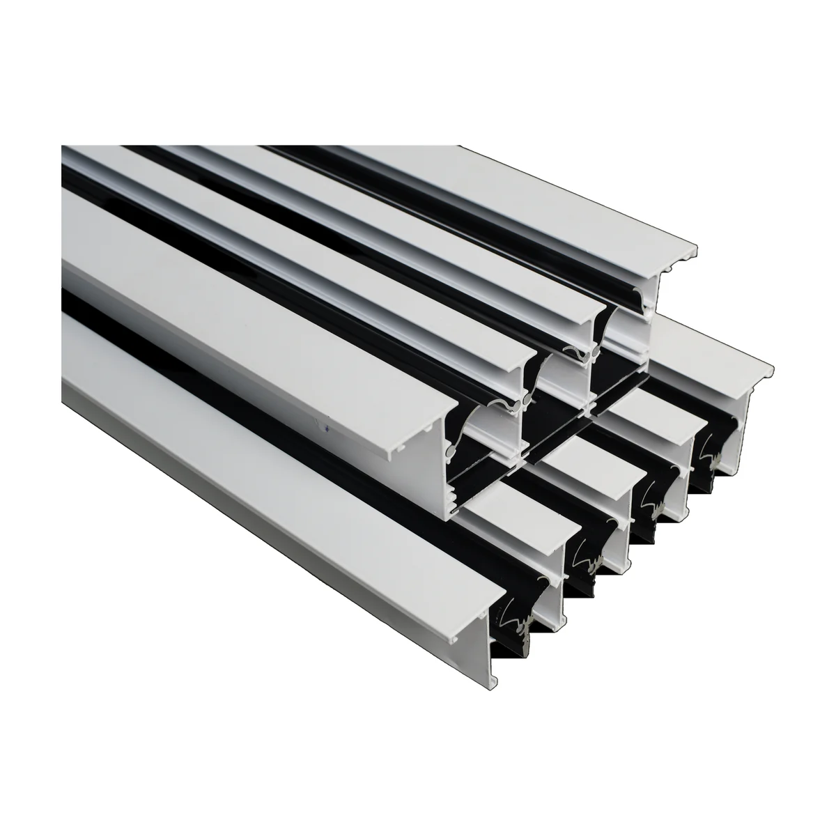 Linear slot diffuser cut-section comparison with New-Type Blade above and Claw-Type Blade below