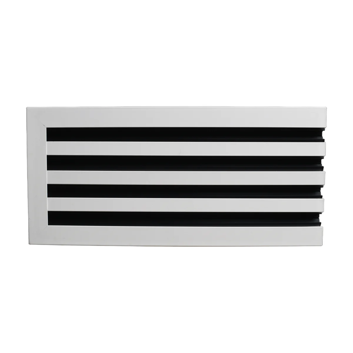 Front view of a linear slot diffuser with a white frame and black slots