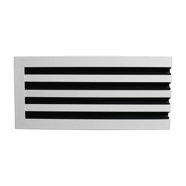 Front view of a linear slot diffuser with a white frame and black slots