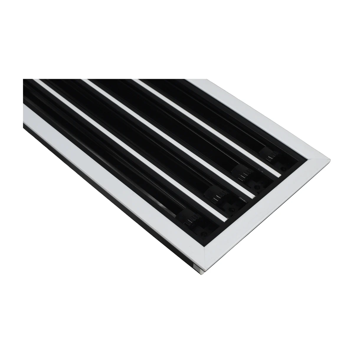 Four-slot O-Type linear slot diffuser corner detail on a white background